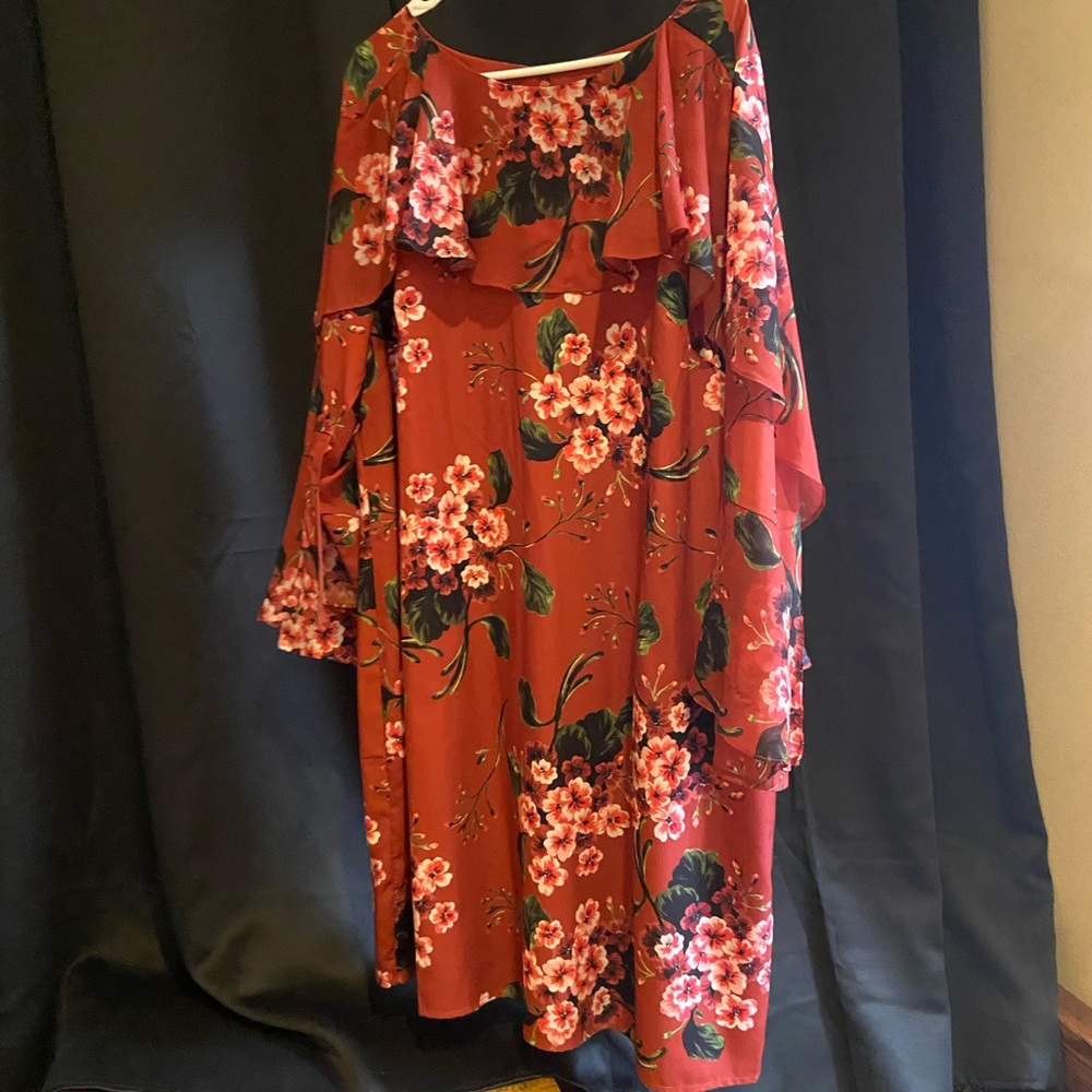 Eloquii Rust and Floral Bishop Sleeve Sheath Dress w Ruffled Sleeve and Neckline